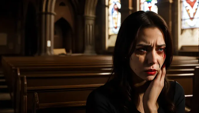 Heartbroken Female Vampire Weeps in Abandoned Church