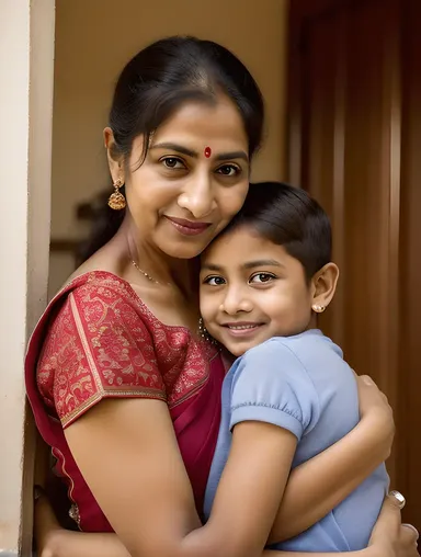Heartwarming Beauty Aunty Hugs a Child Tenderly