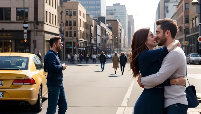Heartwarming City Street Hug with Busy Background