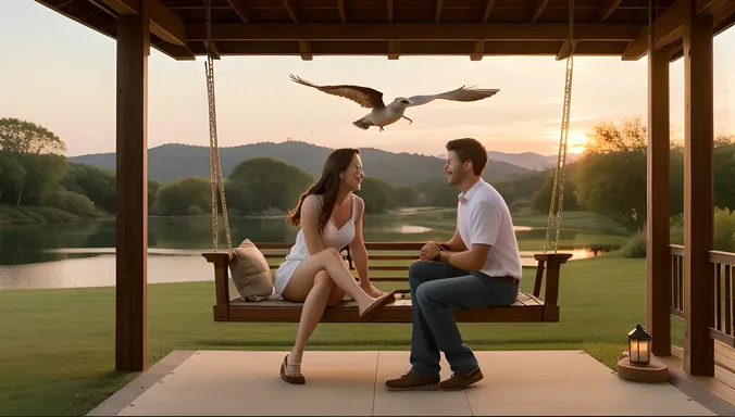 Heartwarming Porch Swing Scene with Girl and Boy's Love