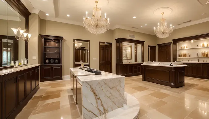 High-End Ladies Salon with Marble Countertops and Crystal Chandeliers