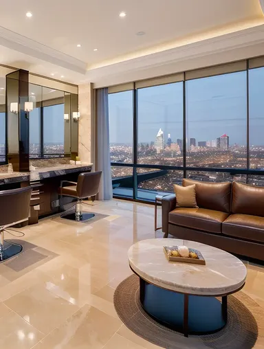 High-End Ladies Salon with Sophisticated Ambiance and Marble Countertops