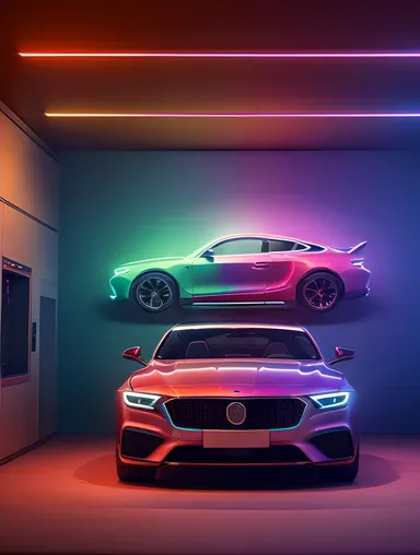 High-Tech 3D Car Garage with Neon and Holographic Displays
