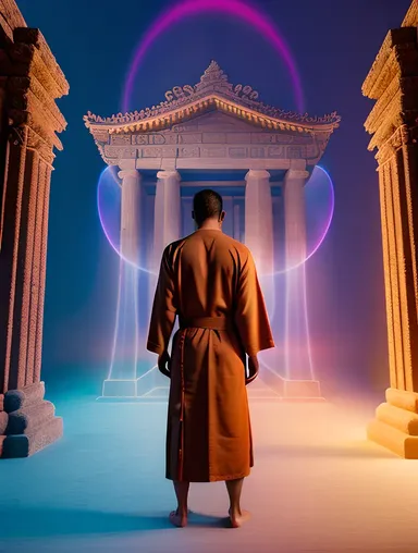 High-Tech Monk in Front of Holographic Temple AI Monk Photo: Contemplation