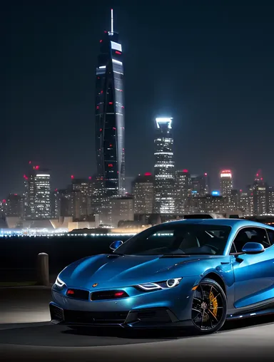 High-Tech Sports Car Parked in Futuristic City Skyline