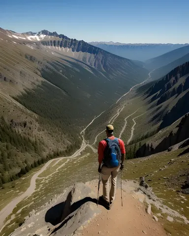 Hiker Overlooks Vast Mountain Landscape from Steep Cliff Edge