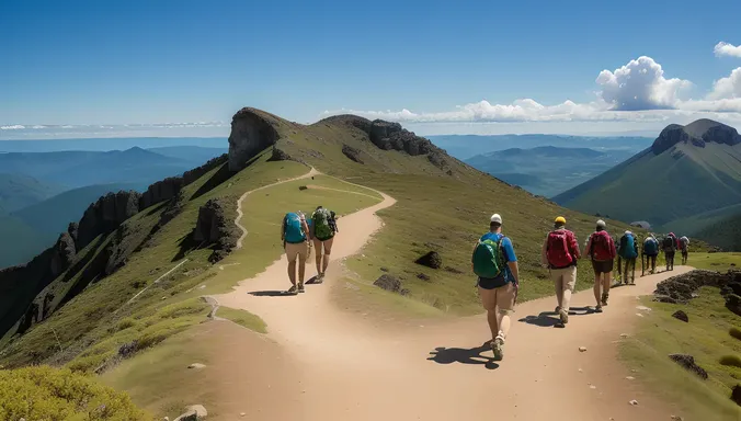 Hikers Trek to Summit of Extinct Volcano Amidst Green Vegetation