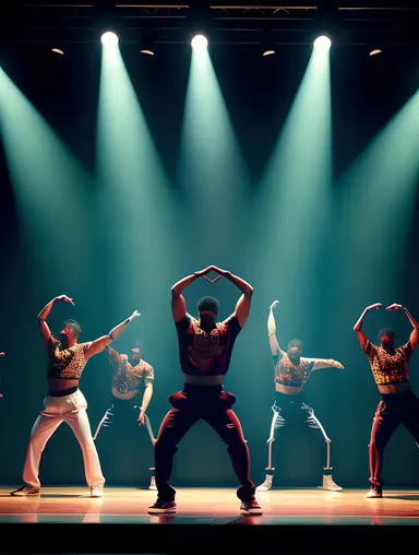 Hip-Hop Dance Crew Performs in Dark Urban Setting with Bold Wallpaper
