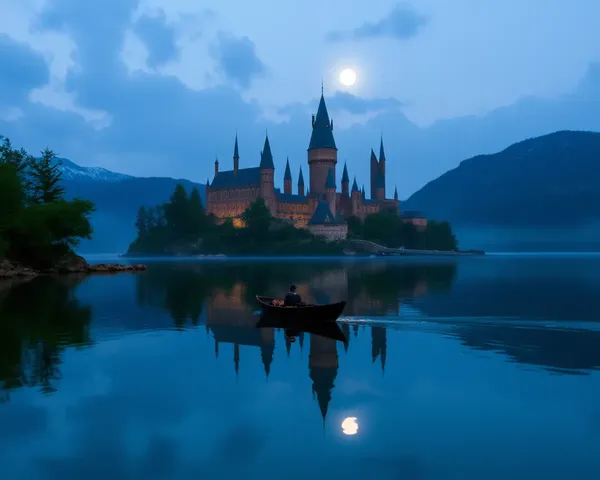 Hogwarts Lake Reflection Castle and Moon 4K Wallpaper