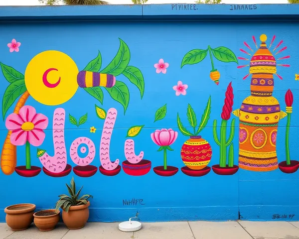 Holi-inspired Mural on Blue Wall with Bright Colors