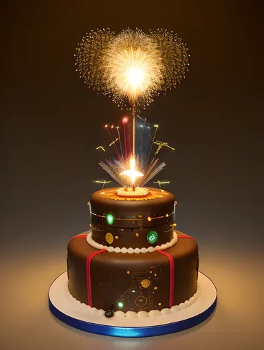 Holographic Birthday Cake in Futuristic Cyberpunk Background