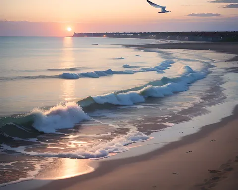 Hornsea Dawn: Serene Beach Scene with Rising Sun and Seagulls