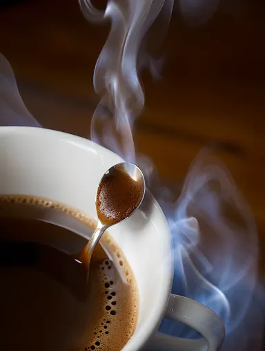 Hot Cup of Coffee with Steam and Spoon
