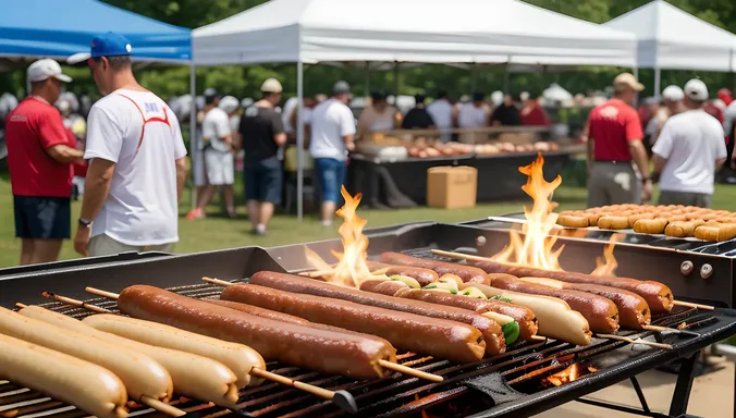 Hot Dog Vendors at Summer Festival with Sizzling Sausages