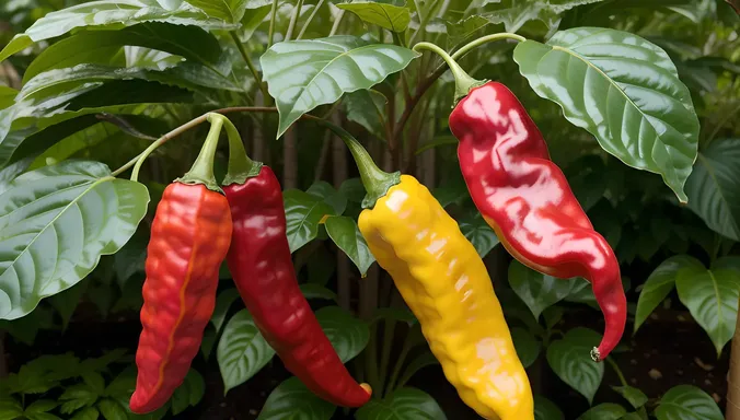 Hot Peppers Growing in Lush Green Garden
