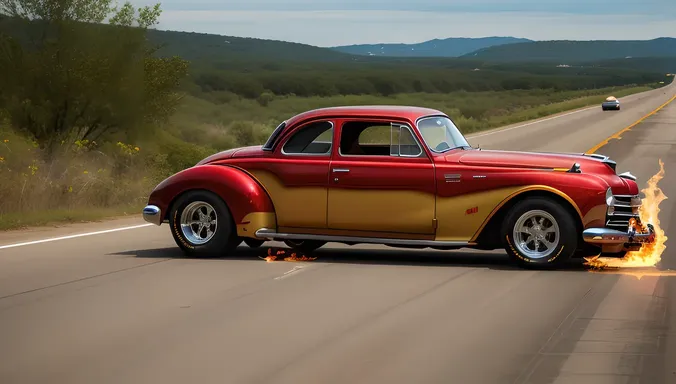 Hot Rod Cars with Flames Speeding Down Highway