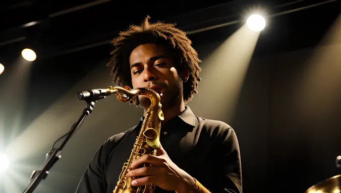 Hot Saxi Image: Intense Saxophonist in Smoky Jazz Club Spotlight