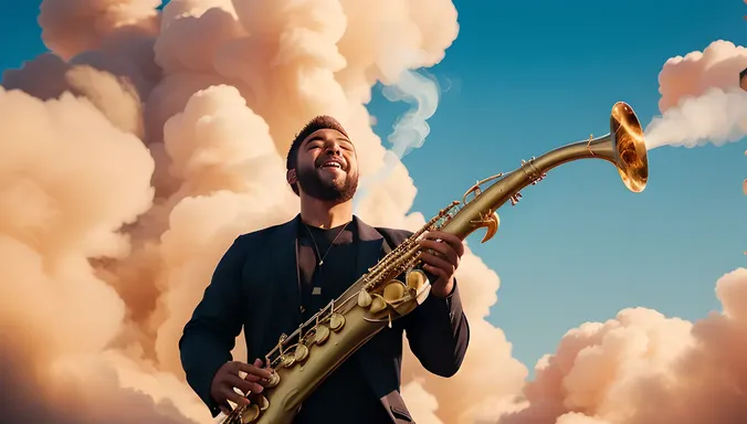 Hot Saxi Image: Saxophonist Floats in Air with Swirling Smoke Clouds