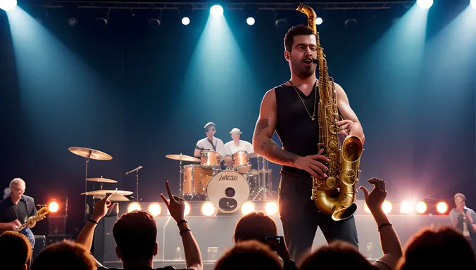 Hot Saxi Image: Saxophonist Performs Under Spotlight in Lively Crowd