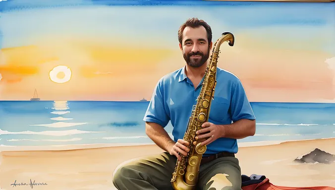 Hot Saxi Image: Saxophonist Relaxes on Beach with Sunset in Background