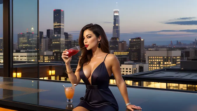 Hot Sexy Model Sips Cocktails on Rooftop Bar