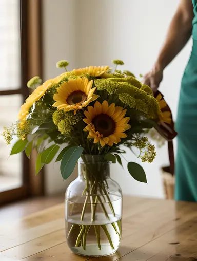 Housewife's Gentle Touch with Fresh Flowers and Sunny Afternoon