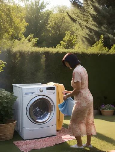 Housewife's Outdoor Laundry with Beautiful Garden Background