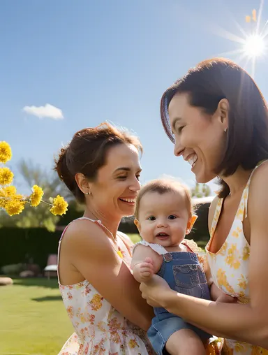 Housewife's Playtime with Children in Sunny Backyard