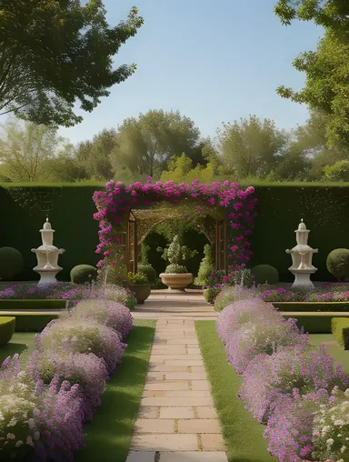 Housewife's Serene Garden with Blooming Flowers and Peaceful Atmosphere