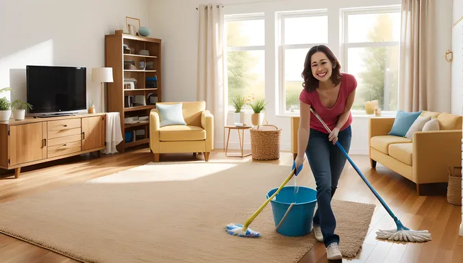 Housewife Cleans House with Bright and Cheerful Expression