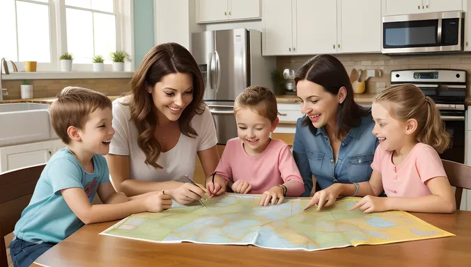 Housewife Plans Family Vacation with Excited Children