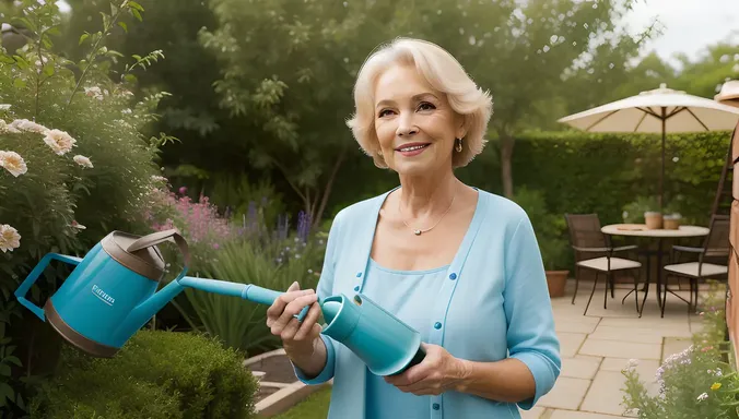 Housewife Tends to Blooming Garden with Warm Smile