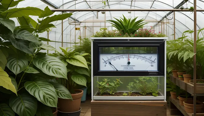 Hygrometer in Greenhouse with Lush Greenery and Exotic Plants