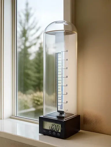Hygrometer on Windowsill with Scenic View