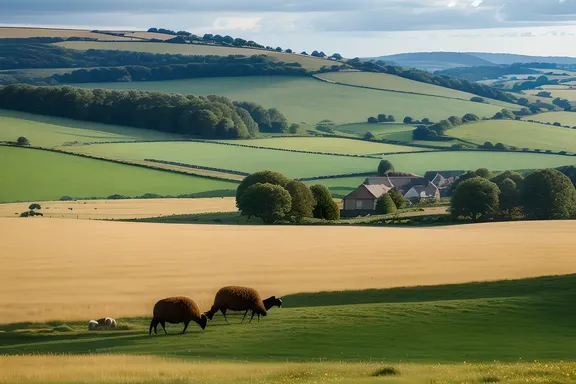 Idyllic Countryside Scene with Rolling Hills and Golden Wheat