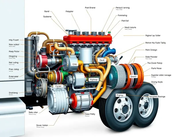 Illustrated Tractor Trailer Engine with Labeled Parts