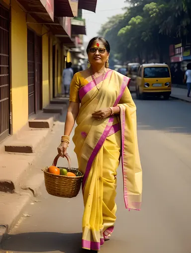 Indian Aunty's Busy Street Scene with Fresh Vegetables