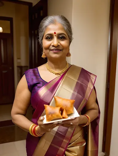 Indian Aunty's Vibrant Sari with Steaming Hot Samosas