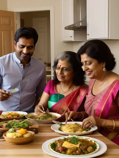Indian Aunty Enjoying Homemade Meal with Family