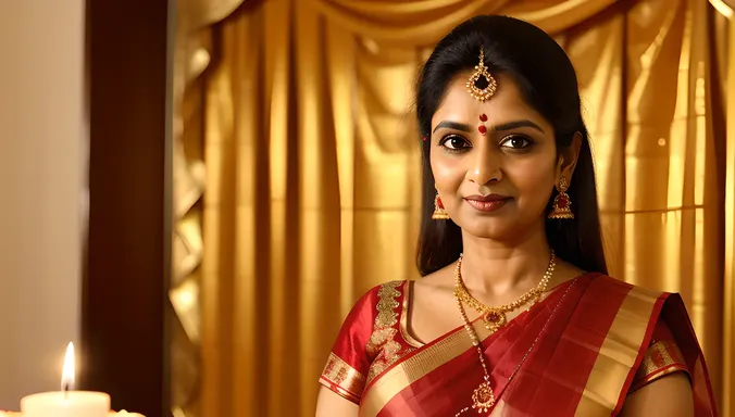 Indian Aunty Holds Decorated Diya for Festive Occasion