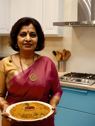 Indian Aunty Proudly Holding Homemade Biryani in Modern Kitchen