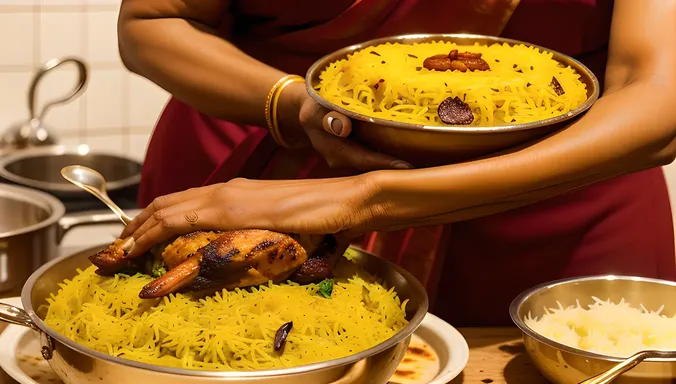 Indian Aunty Serves Tenderly Cooked Biryani with Warm Smile