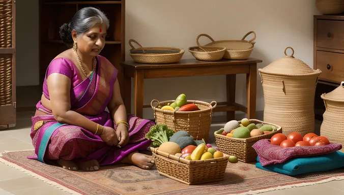 Indian Aunty Sorting Fresh Vegetables Amidst Vibrant Fabrics