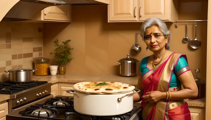 Indian Aunty Surrounded by Fresh Naan Bread and Curries