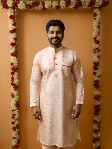 Indian Baniya Poses with Rangoli and Kurta Pyjama