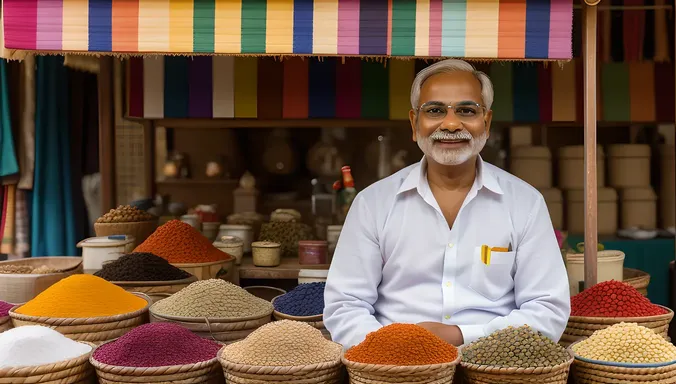 Indian Baniya in Colorful Market Stall with Warm Smile