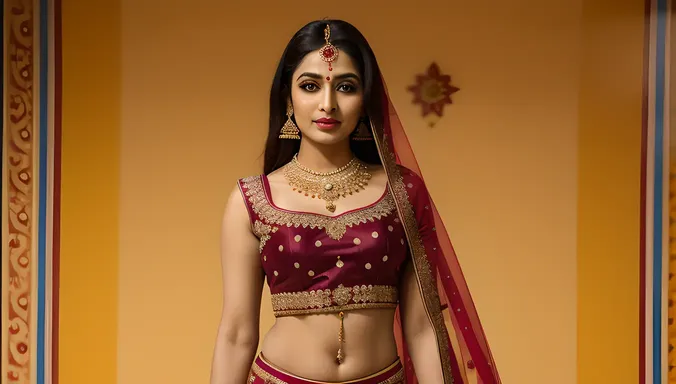 Indian Bhabhi's Vibrant Lehenga with Heavy Jewelry