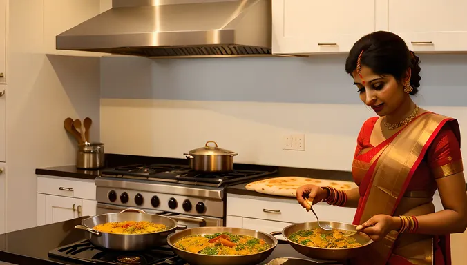 Indian Bhabhi Cooking Traditional Indian Dish in Modern Kitchen