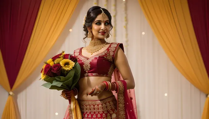 Indian Bride Poses in Colorful Background with Bouquet.