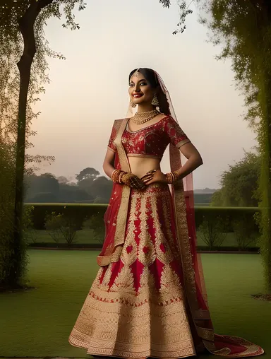 Indian Bride in Garden with Sunset Background
